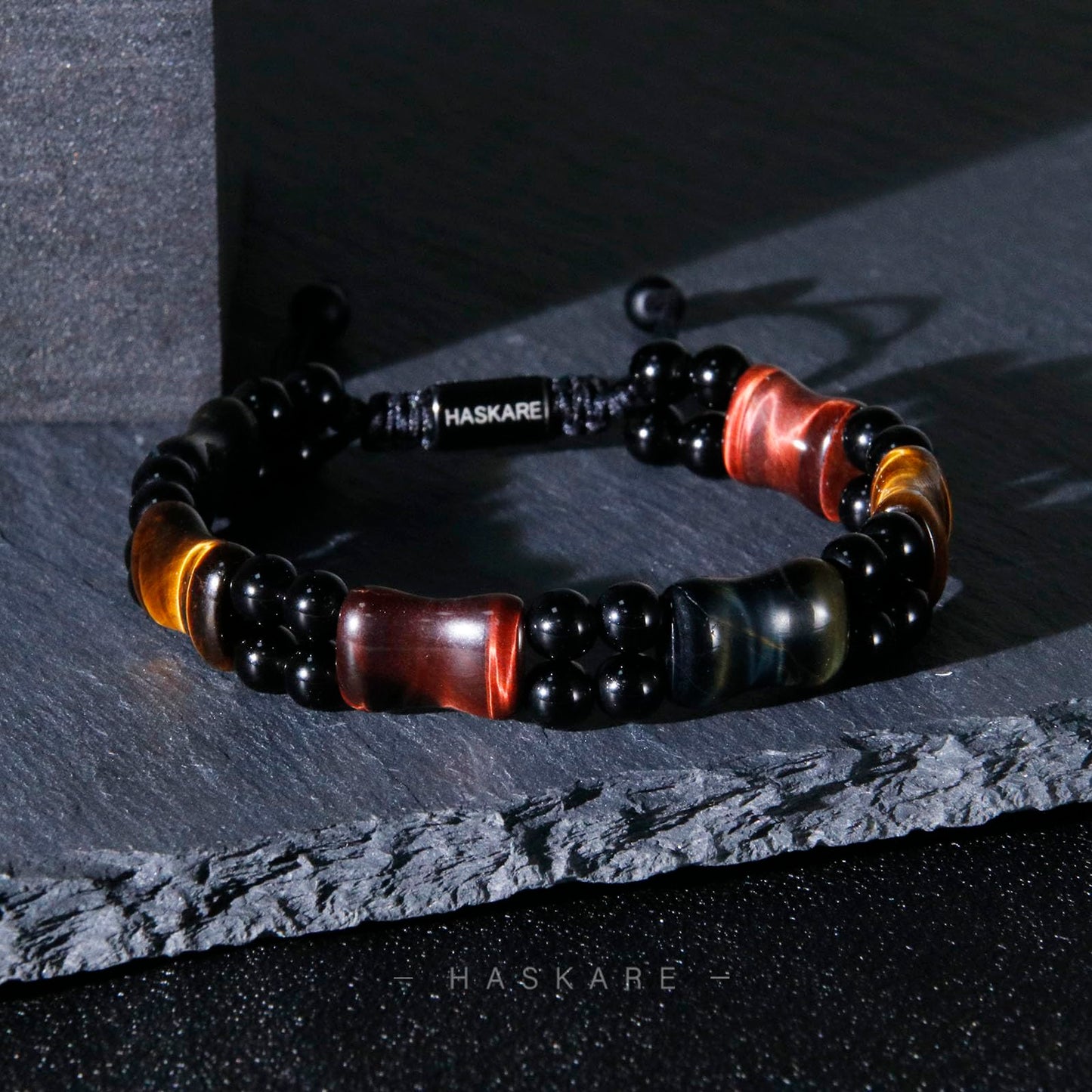 HASKARE Healing Crystals Tiger Eye Bracelets for Men, Mens Jewelry Beads Protection Crystal Tigers Eye Bracelet, Genuine Stone Bead Bracelet Anxiety Relief Drawstring Flatbead Bracelets Gift for Him