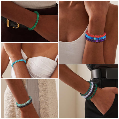 JEWPARK 16PCS Semi-Precious Gemstone Bracelet - Crystal Stone Beaded Bracelets for Women Men 8mm Round Beaded Stretch Bracelets Unisex Yoga Bracelets Gifts