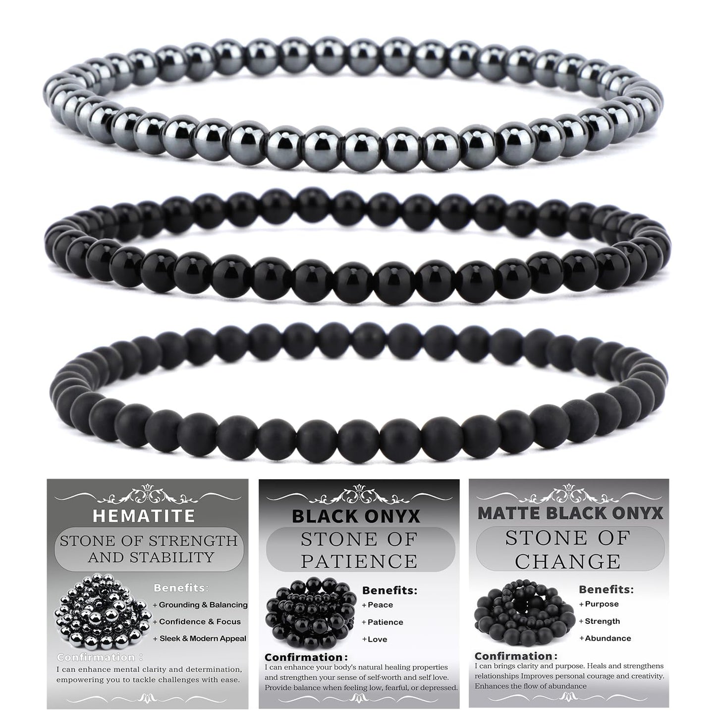 NCB 3-Piece 4mm Natural Crystal Gemstone Stretch Bracelets – ﻿Black Onyx, Hematite, Matte Black Agate Handmade Reiki Energy Healing Jewelry for Meditation,Yoga, Unisex