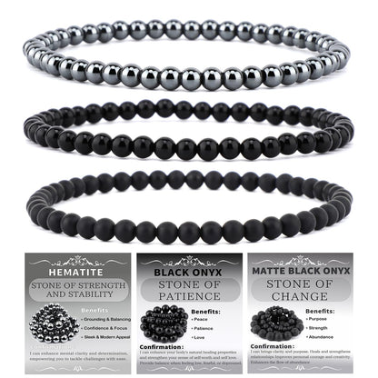 NCB 3-Piece 4mm Natural Crystal Gemstone Stretch Bracelets – ﻿Black Onyx, Hematite, Matte Black Agate Handmade Reiki Energy Healing Jewelry for Meditation,Yoga, Unisex