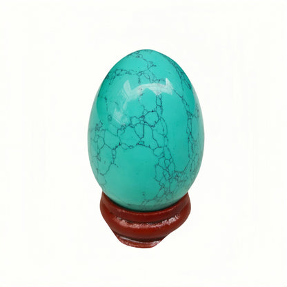 Sunshcat Synthetic Green Howlite Turquoise Egg Shaped Meditation Chakra and Home Decor Balance Crystals and Healing Stones Statue Set,35 * 50mm Easter and Thanksgiving Gift,with Wooden Bracket