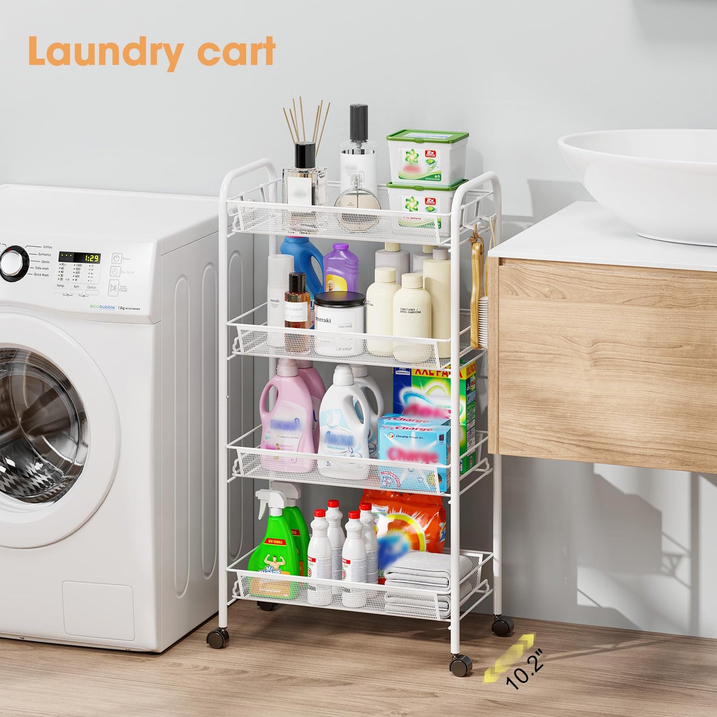 TOOLF 4-Tier Rolling Cart, Metal Utility Cart with 3 Hooks, Easy Assemble Mobile Storage Trolley On Wheels, Metal Shelving Units Kitchen Bathroom Laundry Room