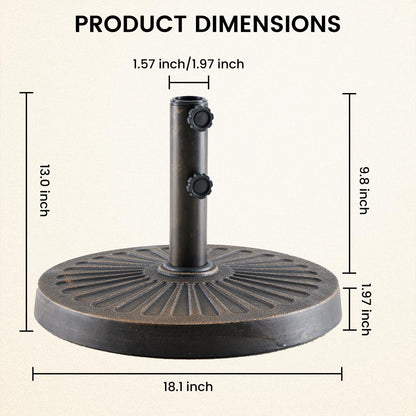 DUMOS 30LBS Heavy-Duty Outdoor Umbrella Base, Weather-Resistant Resin Patio Umbrella Stand, Rust-Proof Coated Umbrella Holder for Garden/Pool/Backyard, 2 Securing Knobs, 2 Pole Adapters, Bronze