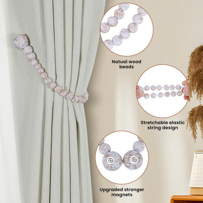 KLOGTSIND Magnetic Curtain Tiebacks, Curtain Tie Backs for Curtains 2 Pack, Wood Bead Curtain Tiebacks, Curtain Holders for Boho Bedroom Decor, Baby Nursery Decor, Farmhouse Decor