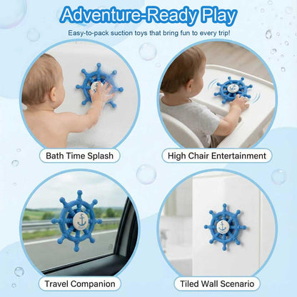 Baby Suction Spinner Toys for Bathtub, Silicone Toddler Bath & High Chair Toys for 1 Year Old Boy/Girl Birthday Gift, Interactive Ship Steering Wheel InfantToy for Car Window Travel-Blue