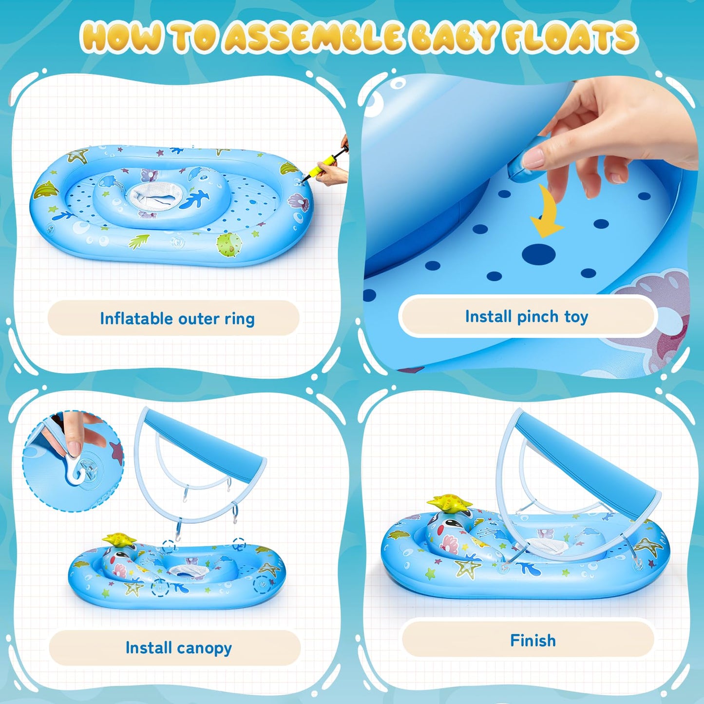 SKINFRND Baby Float with Canopy- UPF50+ Sun Protection Baby Pool Float，Inflatable Kids Pool Float with Adjustable Safety Seat for 6-36 Months Kids Swimming,with Marine Animal Floating Toys