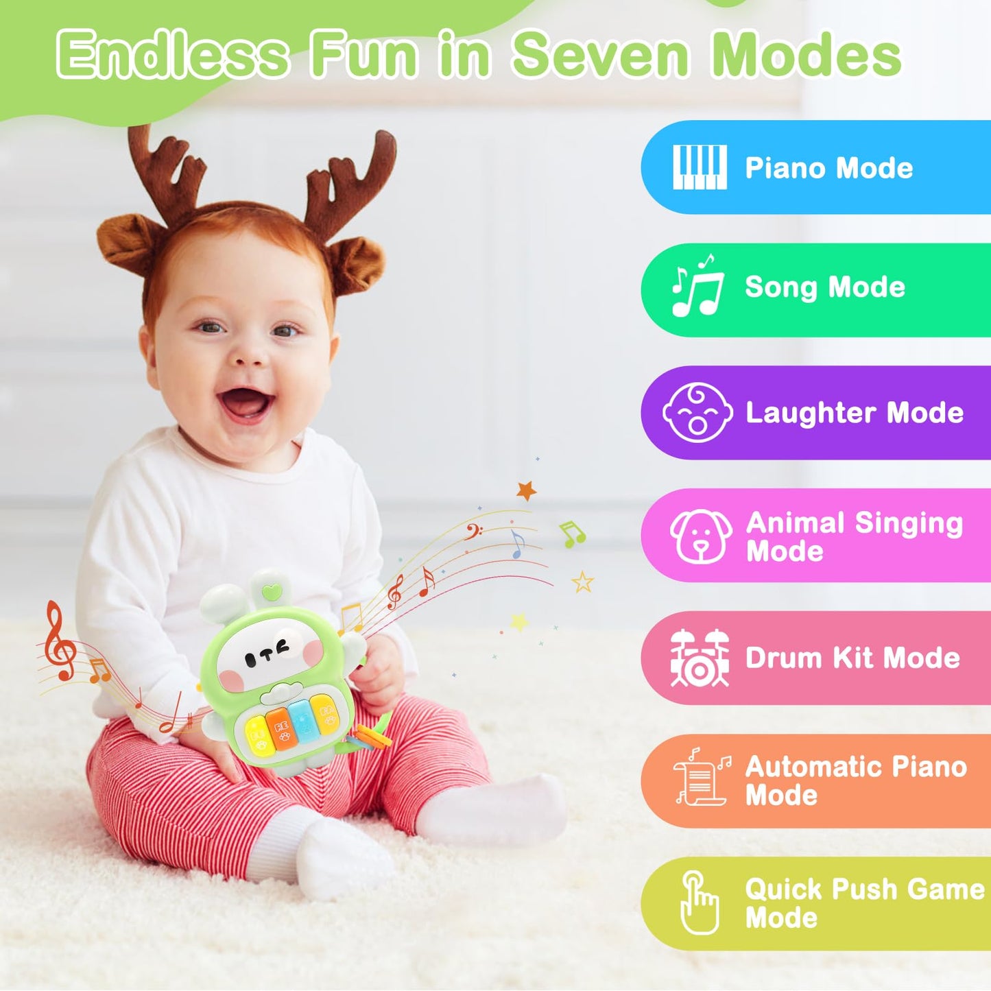 Redbeann Baby Musical Toys 6-12 Months, Rabbit Piano for Baby Musical Toys for Toddlers 1-3, Busy Board with Music & Light, Birthday Toy for Infant Toddler 1 Year Old Boy Girl Gifts (Green)