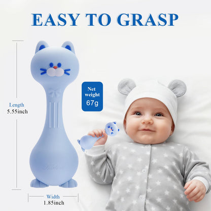 Baby Rattle Teething Toys Cat Silicone Teether Rattles for Baby 0-12 Months Food Grade Silicone (Blue)