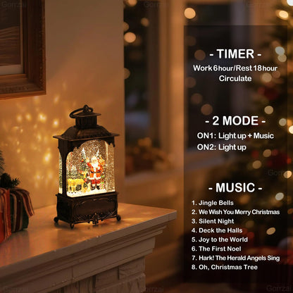 Gorrzai Santa Snow Globe Lantern Christmas Snow Globes, Lighted Christmas Decorations Indoor with Music Timer Swirling Glitter, Musical Santa Claus Reindeer Home Decor, USB or Battery Operated