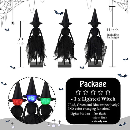 Halloween Decorations Indoor, Set of 3 Lighted Primitive Witch with Hat, Spooky Black Witches Figurines LED Lights Standing Table Decor Scary Table Centerpieces Tiered Tray Decor Shelves Mantels Home