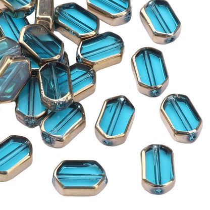 DADIFEN Glass Octagon Beads Lake Blue 6x9mm 28pcs Rectangle Golden Edge Crystal Loose Beads for DIY Craft Jewelry Making