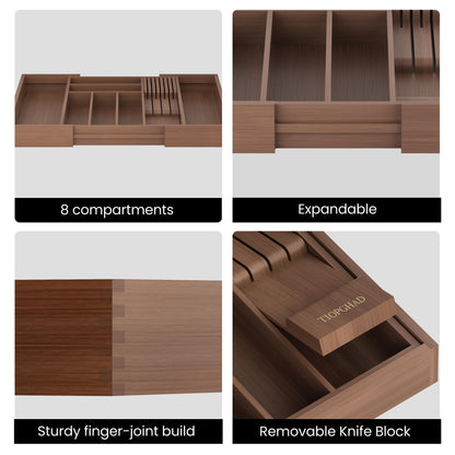 TIOPGHAD Bamboo-Silverware-Drawer-Organizer-Kitchen, Expandable Utensil Holder Cutlery Tray Flatware Organization Adjustable Wood Tableware Dividers Storage (with Removable Knife Block)(Brown)