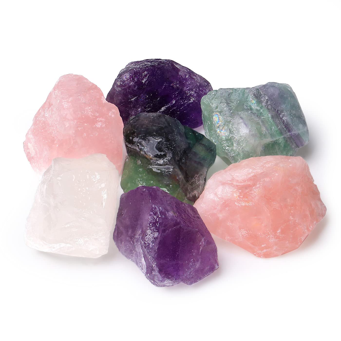 LAIDANLA 2" Rose Quartz Fluorite Amethyst Clear Quartz Set Natural Rough Stones Crystal Raw Crystals Bulk Healing Gemstones for Reiki Healing Tumbling Fountain Rocks 4PCS 0.55lb