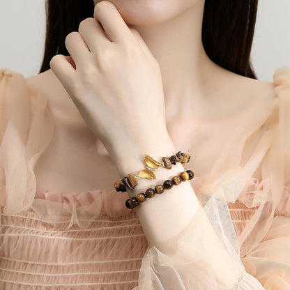 DUQGUHO 2Pcs Butterfly Bracelets for Women, Tigers Eye Bracelets, Healing Crystal Bracelet, Natural Tiger Eye Crystal Jewelry, 8mm Brown Beaded Bracelet, Gifts for Women