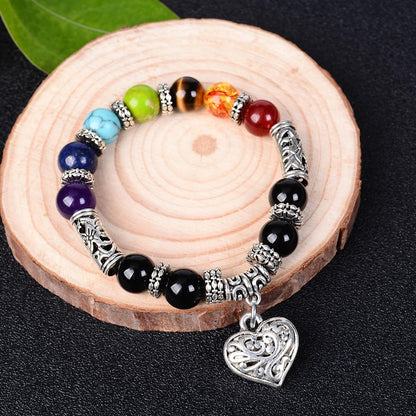 eMeition 7 chakra bracelet natural beads yoga meditation religion healing balance stones beaded healing balance bracelets for women heart pendant (heart)