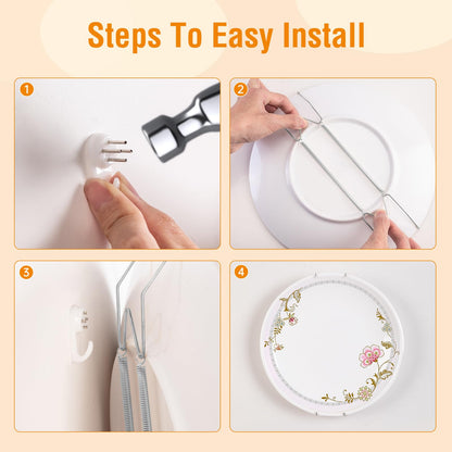 Bilillo Plate Hangers for The Wall, Suitable for 12-16 inch Decorative Plate, Stainless Steel Invisible Heavy Duty Wire Plate Holder with Wall Hooks, Plate Hangers for Displaying Plates, Silver
