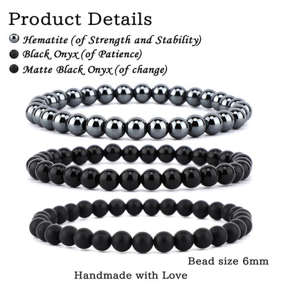 NCB 3-Piece 6mm Natural Crystal Gemstone Stretch Bracelets – ﻿Black Onyx, Hematite, Matte Black Agate Handmade Reiki Energy Healing Jewelry for Meditation,Yoga, Unisex