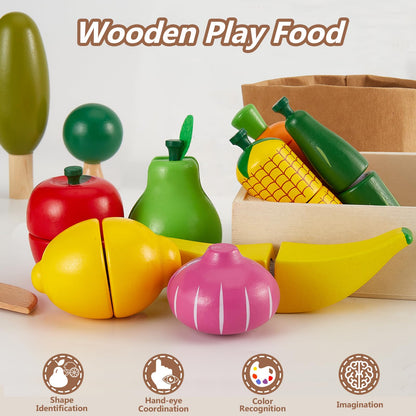 HERSITY Wooden Play Food Set Cutting Fruits and Veggies Toys for Toddlers 1-3, Pretend Play Kitchen Accessories Montessori Educational Toys Gifts for Kids Boys Girls 18 Months+