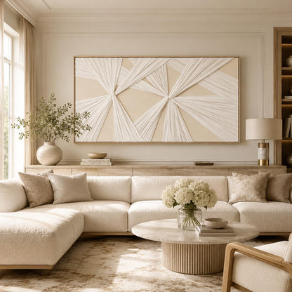 Artists' Handicraft, Extra Large Luxury 3D Fabric Neutral Textured Wall Art, Minimalist Abstract Boho Modern Long Beige Painting Wall Decor for Living Room Bedroom Hallway Office, Horizontal, 54x27 Inces