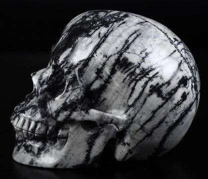 Skullis 5.0" Black Picasso Crystal Skull, Hand Carved Gemstone Fine Art Sculpture, Reiki Healing Stone Statue.