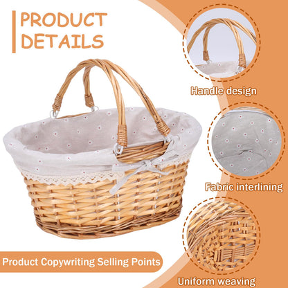 Large Handwoven Wicker Bread Basket with Handles,Bread Baskets for Serving Sourdough Proofing with Removable Liner,for Kitchen Counter Bread and Fruits Vegetable Storage(14.6inch)