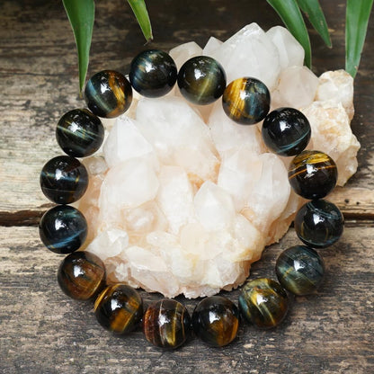 TaHLga 16MM Yellow Blue Tigers Eye Beaded Bracelet for Men | Natural Solar Plexus Chakra Gemstones | Bring Luck Wealth Courage | Protection from Evil | Gift