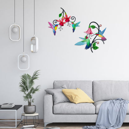 Meduofon 2 Pack Metal Hummingbird & Flower Outdoor Wall Art Decor, Creative Wall Decor for Patio, Fence, Deck, Garden, Home, Kitchen, Balcony