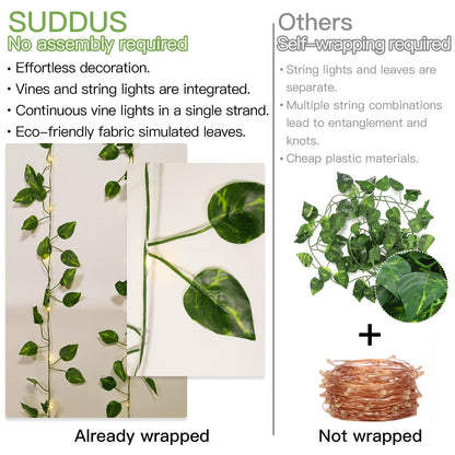 suddus Vine with Fairy Lights Battery Operated, 33ft100 LED Pothos String Lights with Remote, Leaf Lights for Bedroom, Room, Wall, Garden, Party, Wedding Dorm Decor(Warm White)