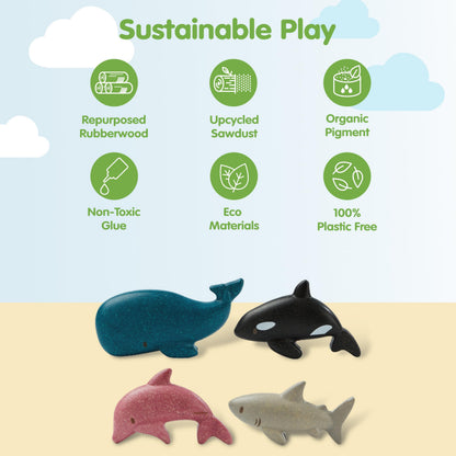 PlanToys® Wooden Sea Life 4-Piece Set Dolphin, Orca, Whale and Shark Figurines | Montessori Toy for Imaginative Play | Supports Language and Social Skills | Eco Friendly for Bath and Water Play