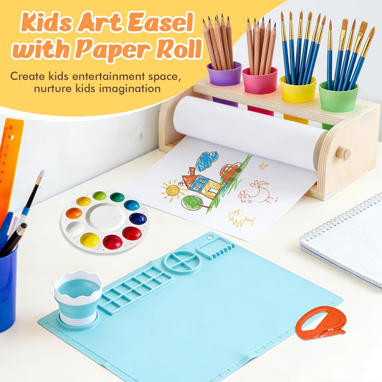 YOKUGO Kids Art Easel with Paper Roll, Desktop Painting Easel Wooden Tabletop Paper Roll Dispenser with Blue Silicone Painting Mat & Puzzle, Table Top Art Kit for Kids & Toddlers