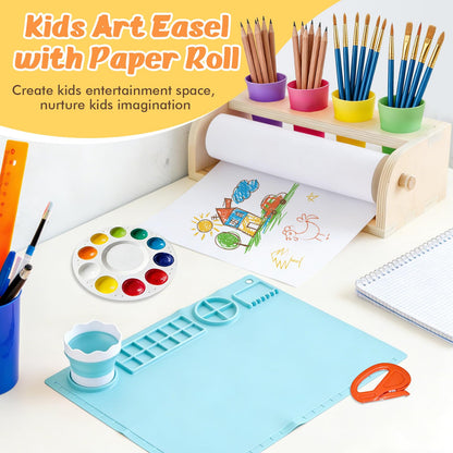 YOKUGO Kids Art Easel with Paper Roll, Desktop Painting Easel Wooden Tabletop Paper Roll Dispenser with Blue Silicone Painting Mat & Puzzle, Table Top Art Kit for Kids & Toddlers