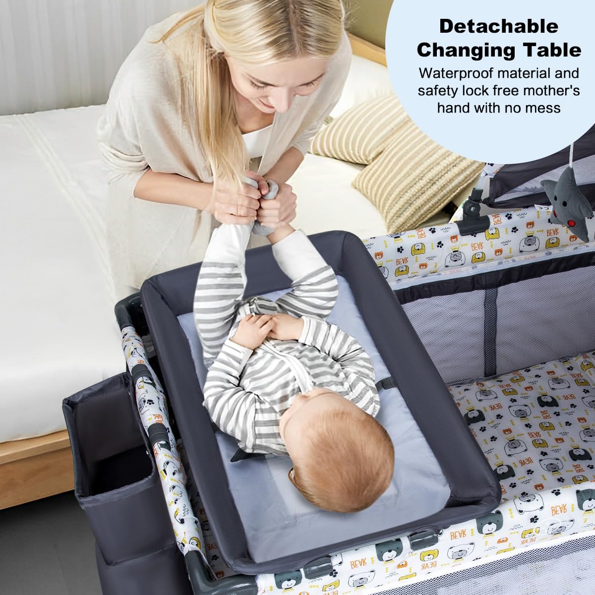 4 in 1 Pack and Play,Portable Nursery Center Baby Playard with Bassinet &Changing Table,Foldable Baby Crib Travel Playpen with Wheels,Removable Canopy with Toys,Storage Bag (Grey)