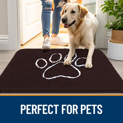 OLANLY Dog Door Mat for Muddy Paws 70x46, Paw Print Design, Absorbs Moisture and Dirt, Absorbent Non-Slip Washable Doormat, Quick Dry Chenille Mud Mat for Dogs, Entry Indoor Entryway Carpet, Brown