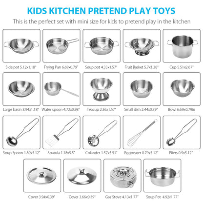 TekkPerry Kids Kitchen Pretend Play Toys, Cooking Toys Play Pots and Pans Set for Kids, 21pcs Small Stainless Steel Kitchen Cookware Kits Toys, Cookware Playset for Girls, Boys