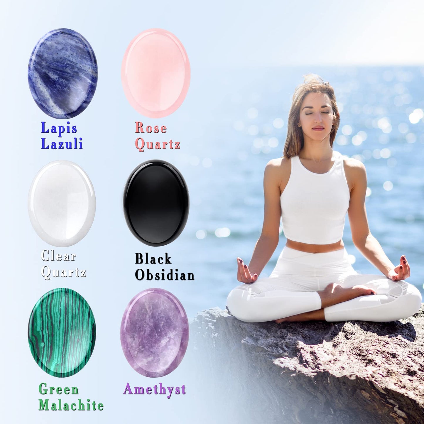 GolbalJew 6PCS Thumb Worry Stone for Anxiety Healing Crystals Sets, Hand Carved Crystals and Healing Stones, Meditation Crystal Reiki Natural Relax Palm Stone for Anxiety Therapy Relief
