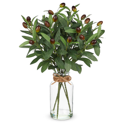 Hollyone Artificial Olive Branch in Glass Vase with Faux Water 15.7" Fake Plants Olive Leaves Stems for Indoor Shelf Desk Home Bathroom Wedding Table Centerpiece Decor
