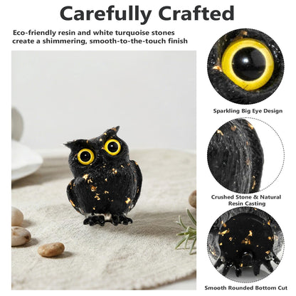 PinpinPony Owl Statue, Natural Gemstones Decor for Home Office, Shelf Display Figurine, Handcrafted Unique Owl Sculpture(Black)