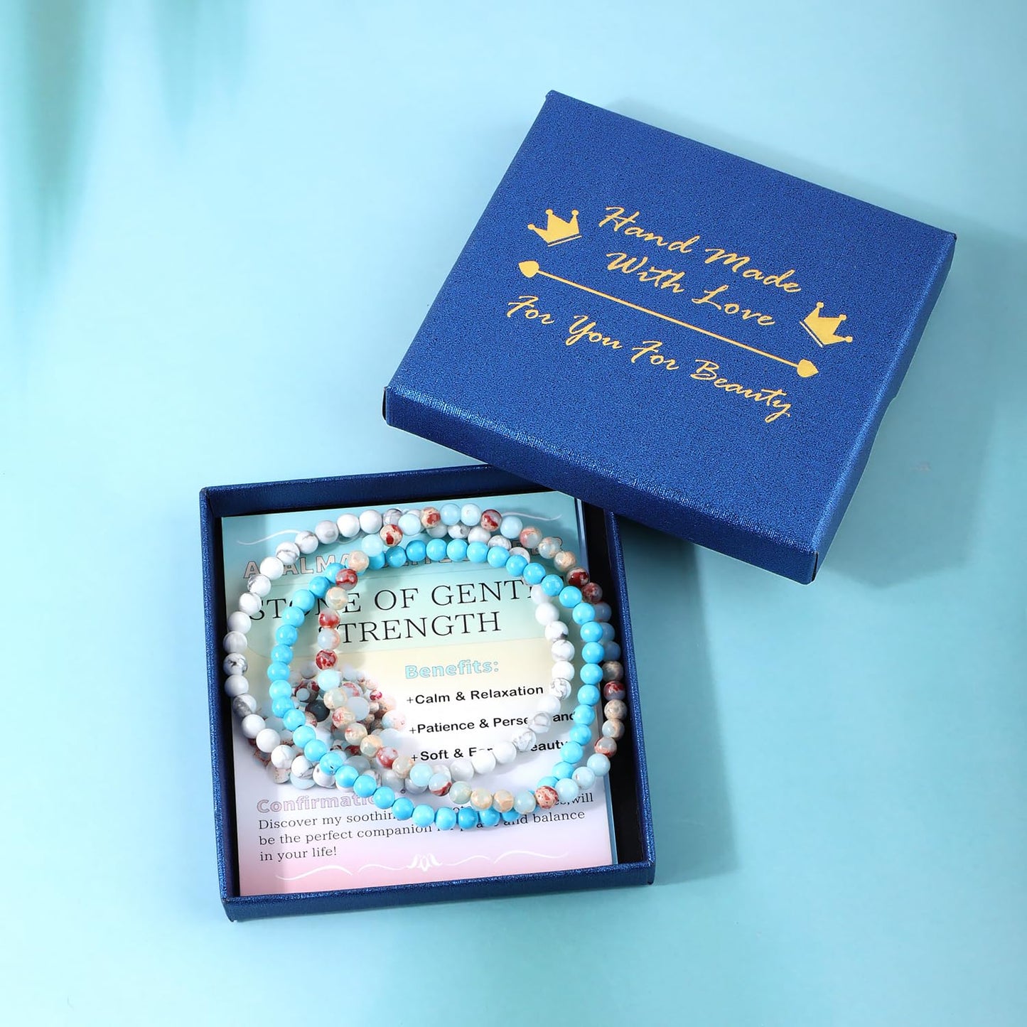 NCB 3-Piece 4mm Natural Crystal Gemstone Stretch Bracelets – ﻿Agalmatolite Jasper, Blue Turquoise, Howlite Handmade Reiki Energy Healing Jewelry for Meditation,Yoga, Unisex
