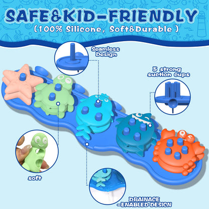 Baby Bath Toys, Premium Silicone Mold Free Ocean Animal Shape Sorting & Stacking Toddlers Bath Toys, No Hole Bathtub Floating Toys Gift for Boys Girls, Early Learning Sensory Water Toys, Bathtime Fun