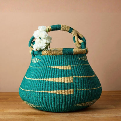 African Bolga Basket for Home Decor, Picnic, Garden Harvest and Storage, Woven Basket with Handle, Teal, 16 Inch Wide
