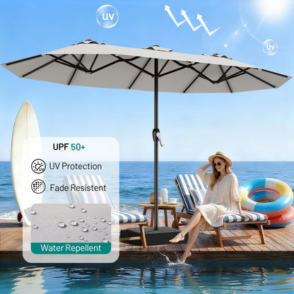 AreShark 15FT Outdoor Patio Umbrella with Crank, Large Rectangular Market Umbrella, Double-Sided Outdoor Umbrellas with Cross Base & Sandbag for Porch, Lawn, Pool, Backyard, Light Gray