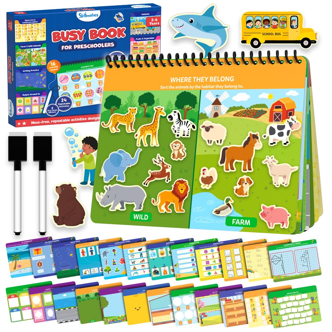Skillmatics Busy Book for Preschoolers – Preschool Learning Activities, Mess-Free & Pre-Assembled, 150+ Reusable Stickers, Educational Homeschool & Travel Toy, Gift for Toddlers for Ages 3, 4, 5, 6