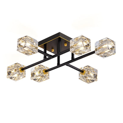Semi Flush Mount Ceiling Light Fixture,6-Light Modern Crystal Chandeliers,Black and Gold Farmhouse Lighting Fixtures for Dining Room Living Room Kitchen Bedroom Entryway