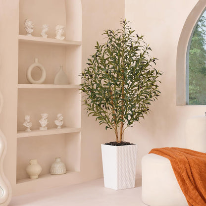 OAKRED Artificial Olive Tree 5FT Faux Olive Tree - Adjustable Branches UV Resistant with White Taper Planter and Pebbles - Faux Plants Indoor for Living Room, Office Decor and Bedroom