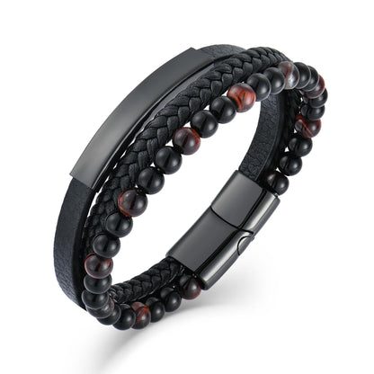 Raymard Mens Tiger Eye Matee Black Onyx Lava Rock Volcanic Stone Beaded Bracelet, Black Braided Leather Bracelet for Men-Matee Black Onyx&Lava Rock