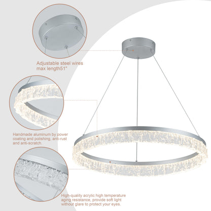 MADEM Modern Silver Led Pendant Light,36W Dimmable LED Chandelier Lighting Fixture, 1 Ring Circular Hanging Led Pendant Lighting for Living Room Dining Room Kitchen Island Foyer Office