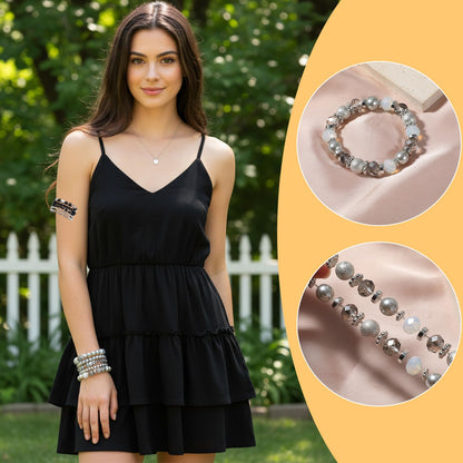 Heclia Beaded Stretch Bracelets Silver Stackable Crystal Beads Bracelets 5PCS Beaded Boho Stretch Bracelet Layering Crystal Stone Bead Bracelet Trendy Costume Jewelry Gifts for Women