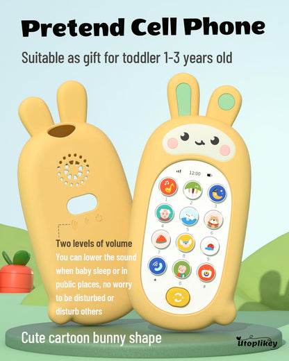 UTOPLIKEY Baby Cell Phone Toy with Teething Silicon Mobile Phone Shell, Sensory Comfort Toys with 12 Learning Modes & Soothing Lullabies, Gift for Toddler Infants Baby Shower Birthday (Yellow Bunny)