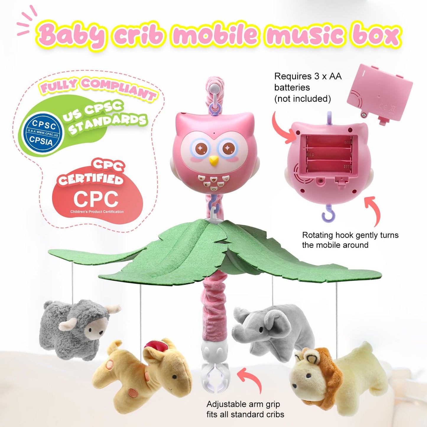 SUMWE Baby Crib Mobile with Music and Lights for Boys Musical Mobile Animals for Crib Bassinet Girls Toys Hanging Portable Safari Nursery Decor Pink