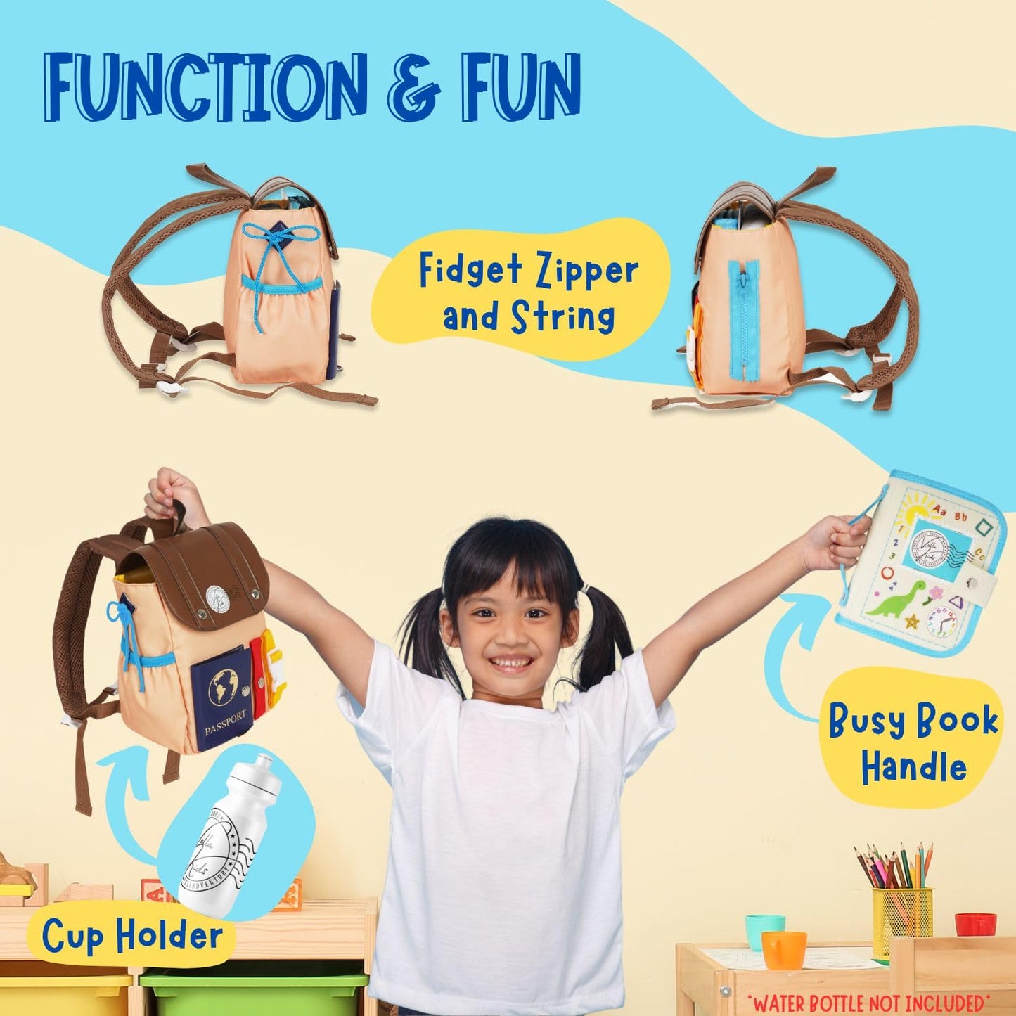 THREE-IN-ONE Toddler Backpack 1-3, Busy Book and Leash, Montessori Toys for 1 2 3 4 Year Old, Autism Sensory Toys, Travel Toys for Airplane Car, Pre-K Learning Fine Motor Skills, Gifts for Girl Boy
